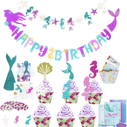 Mermaid Theme Birthday Decoration Party Supplies Children''s Party Decorations Dessert Cake Cards